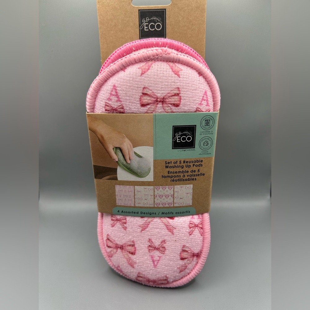Ciroa Go Eco PINK BOW Set of 5 Reusable Sponge Pads Scrubby Shabby Chic NEW